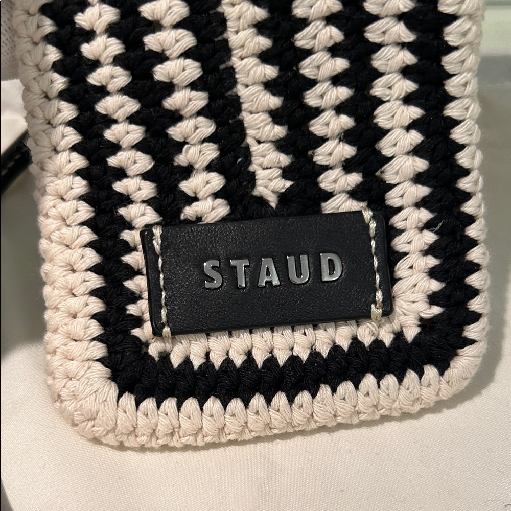 NWOT STAUD Artisanal Black & Cream Crochet Pouch & Black Leather Mini Bag Charm. - Picture 7 of 15